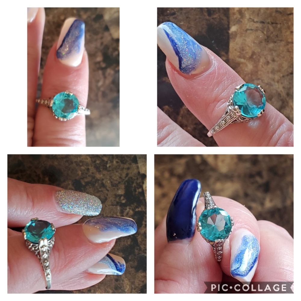 Genuine 3ct Aquamarine Art Deco Ring Size 7 - Picture 4 of 8